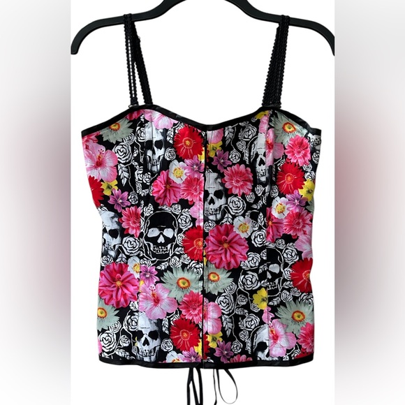 Hell Bunny Boned Corset Bustier Top Skull Floral Day of the Dead Gothic Size M - Picture 3 of 14